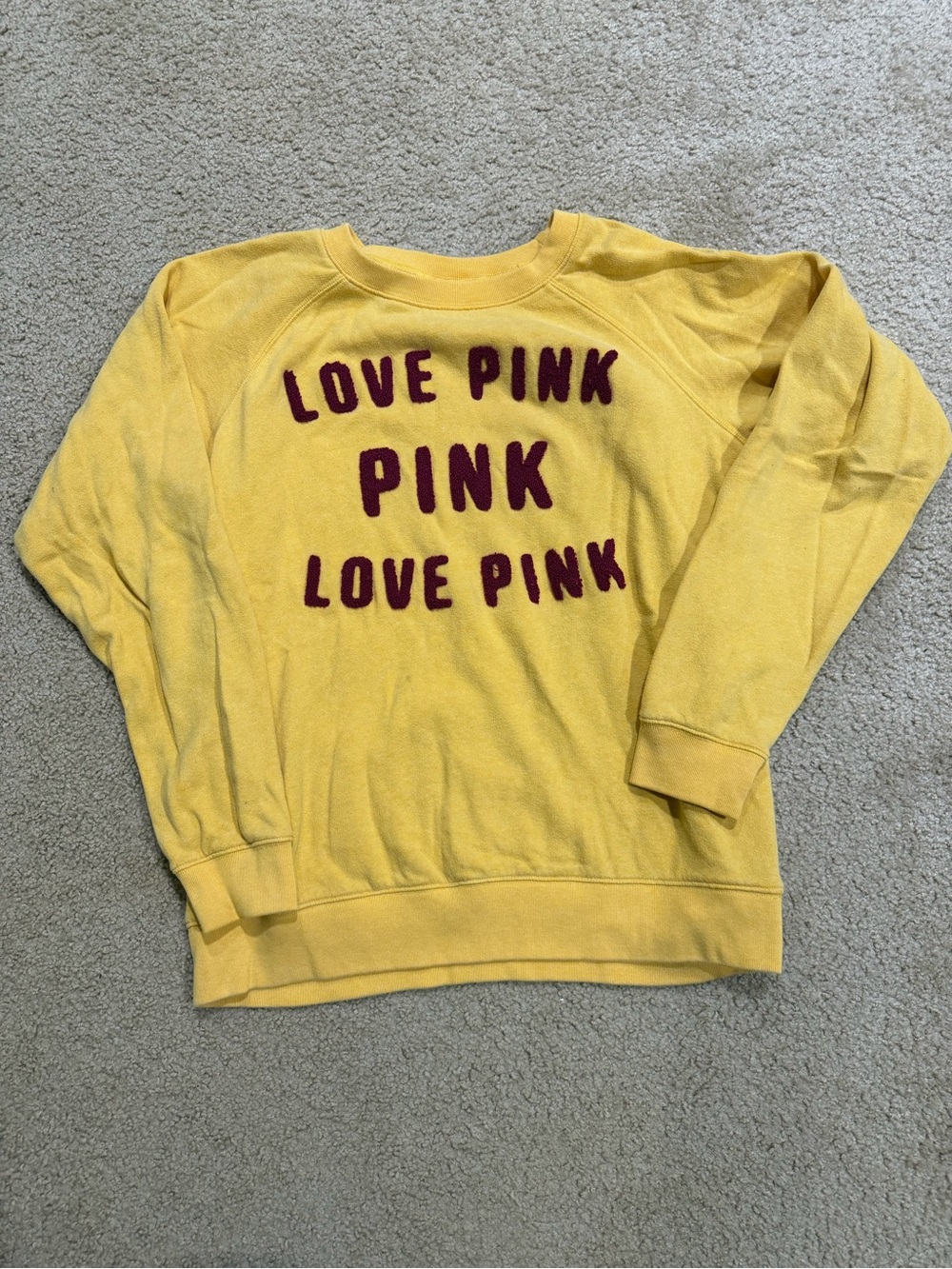 PINK Victoria's Secret Yellow Crewneck with Maroon 'LOVE PINK' Appliqué